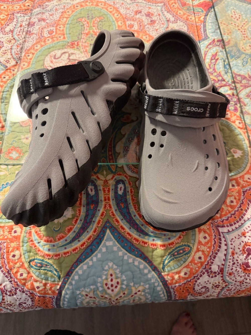 CROCS Gray Foam Clogs with Black Strap